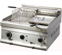 60x60x31 cm ölçülerinde, 8+8 toplam 16 litre hacimli, tahliye vanalı sanayi tipi elektrikli fritöz. 304 paslanmaz Cr-Ni gövde, EGO termostatlı (100-180 C), ayarlanabilir ayaklı ve elektronik gösterge lambalı profesyonel çiftli fritöz modeli.