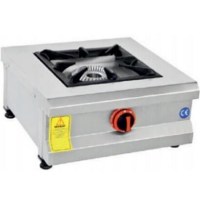 50x50x25 cm ölçülerinde, parlak paslanmaz çelik gövdeli ve ağır hizmet tipi siyah pik döküm ızgaralı set üstü tekli ocak. Ön panelinde ergonomik kontrol düğmesi ve güvenlik sistemleri bulunan, profesyonel mutfak tipi sanayi ocağı.