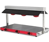 1040x570 mm ölçülerinde, halojen lambalı ısıtma sistemine sahip paslanmaz gövdeli sıcak teşhir ünitesi. Üst kısmında koruyucu pleksiglas raf bulunan, 3 adet GN 1/1 küvet kapasiteli profesyonel mutfak tipi sıcak servis ünitesi. #SıcakTeşhir