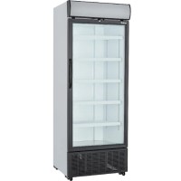 Aydınlatmalı kanopili ve LED iç aydınlatmalı, 5 raflı beyaz dikey şişe soğutma dolabı. Temperli cam kapılı ve kilit seçenekli endüstriyel içecek soğutucu ve teşhir dolabı.