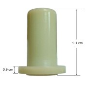 Çağdaş soğan doğrama makinesi için 9.1 cm uzunluğunda yedek bıçak göbeği parçası. 1.2 cm genişliğindeki kare mil yuvası ve 4 cm delik mesafesi ile hassas ölçülü montaj detaylarını gösteren plastik yedek parça görseli.