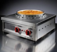 Paslanmaz çelik gövdeli, tek gözlü, 50 cm tepsi çapına uygun, emniyet ventilli ve döner sistemli profesyonel su böreği ocağı. Su böreği ocağı; tepsiyi homojen ısıtmak için dairesel brülör sistemine sahip, paslanmaz çelikten üretilen motorlu profesyonel