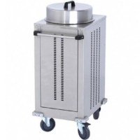 İmalatçısından tekerlekli tabak otomatı ve dağıtma arabası; 50 tabak kapasiteli, ayarlanabilir çap özellikli (24-29 cm), paslanmaz yapıda, frenli tekerlekli profesyonel servis ekipmanı. #TabakOtomatı #ServisArabası