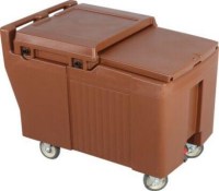 BK-175 model 175 litre kapasiteli, kayar kapaklı ve tahliye musluklu, beyaz endüstriyel plastik tekerlekli buz taşıma arabası ve konteyneri; catering ve otel kullanımı için yüksek izolasyonlu mobil buz depolama ünitesi.