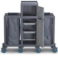 PROCART 414 modelinin tam önden görünümü. Gri renkli kapaklı gövdesi, dolap ünitesi ve her iki yanda simetrik duran, 2x120 litrelik çift çöp torba mekanizması ile frenli tekerlek sistemini gösteren ön cephe çekimi.
