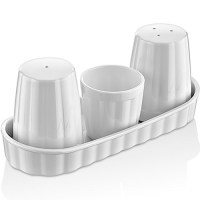 Polikarbon malzemeden imal edilmiş, kürdanlık bölmeli beyaz renkli sofra tipi tuzluk biberlik seti GSEE-01. Restoran masaları için porselen görünümlü dayanıklı servis ekipmanı.