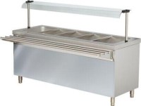 Paslanmaz çelik gövdeli, 180 cm boyunda, dijital termometreli ve termostat kontrollü sıcak yemek dağıtım tezgahı. Ön standı, cam servis rafı ve boşaltma vanası bulunan 5 küvet kapasiteli endüstriyel yemek benmarisi ve sıcak servis ünitesi.