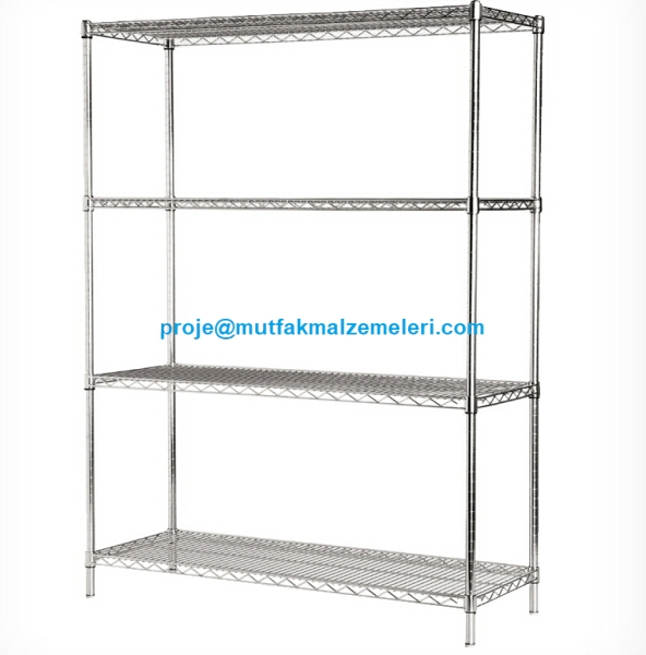 61x122x183 cm ölçülerinde, 304 kalite paslanmaz çelik bölmeli, ayarlanabilir rotil ayaklı ve 4 katlı profesyonel soğuk oda ve buzhane istif rafı ünitesi.